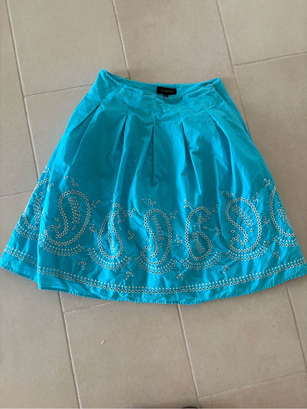 Talbots Blue Eyelet Paisley A-Line Skirt Sz 4 Pleated Cotton embroidered cotton